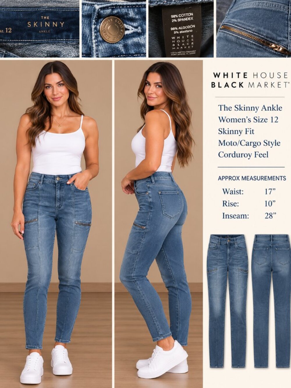 S1235 The Skinny Ankle Moto/Cargo Style White House Black Market Cordory Size 12